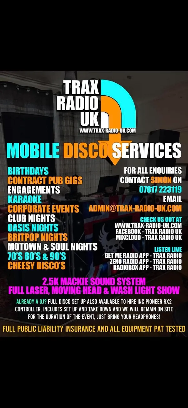The Trax Radio UK mobile disco flyer: the services on offer and Simon's contact number